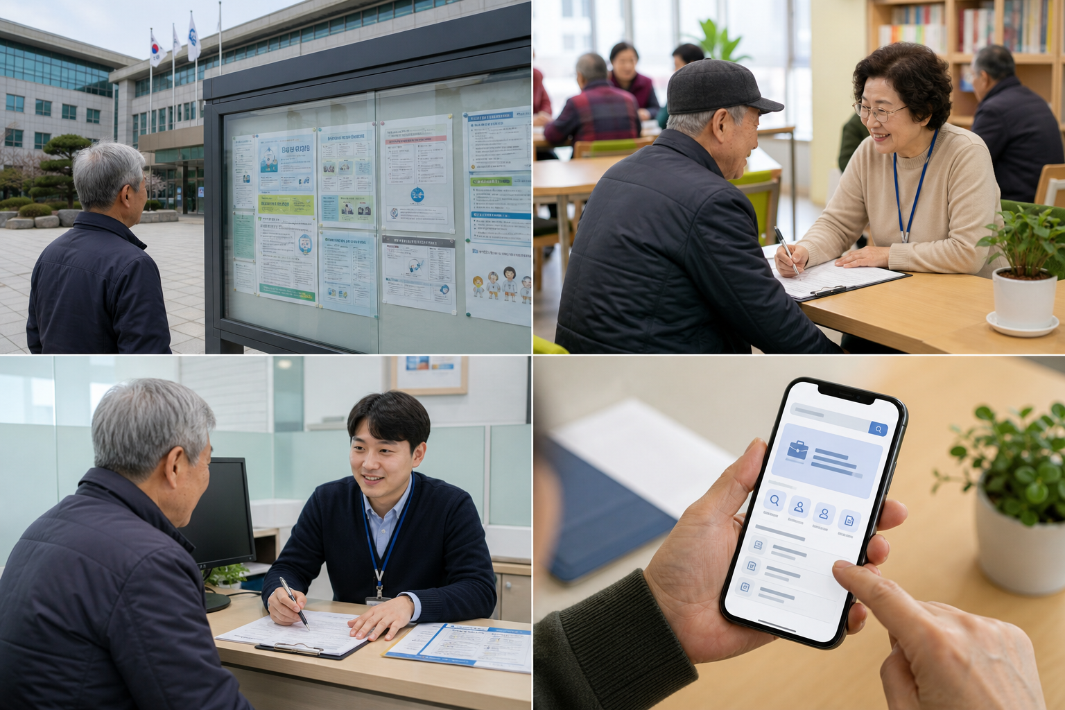 밀양시 노인일자리와 재취업 확인 순서, 공공게시판, 상담창구, 스마트폰 검색 흐름을 한눈에 정리한 인포그래픽