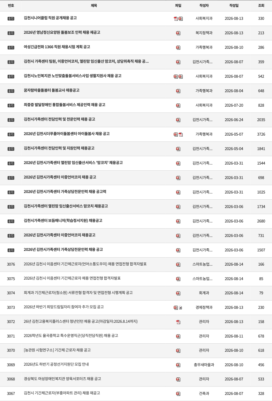 김천시 채용공고 목록에서 김천시니어클럽 직원 공개채용 공고, 영남정신요양원 돌봄보조 인력 채용 재공고, 김천시노인복지관 생활지원사 채용 공고, 하반기 희망드림일자리 추가 모집이 보이는 공식 캡처
