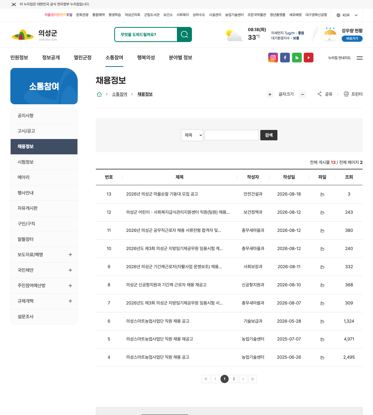 2026년 8월 18일 기준 의성군 채용정보 게시판 상단 목록을 캡처한 공식 화면